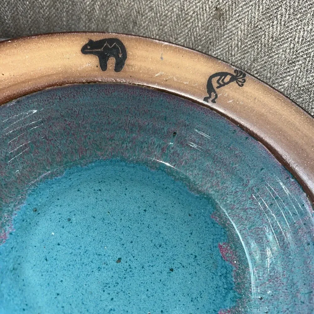 Vintage A&A Art Pottery Centerpiece Bowl Teal Blue Aztec Design Bear RARE